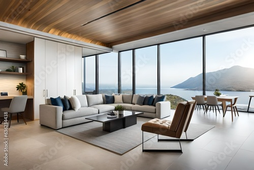 Living Room in Open Concept New Luxury Home with View of outside. © zoveela