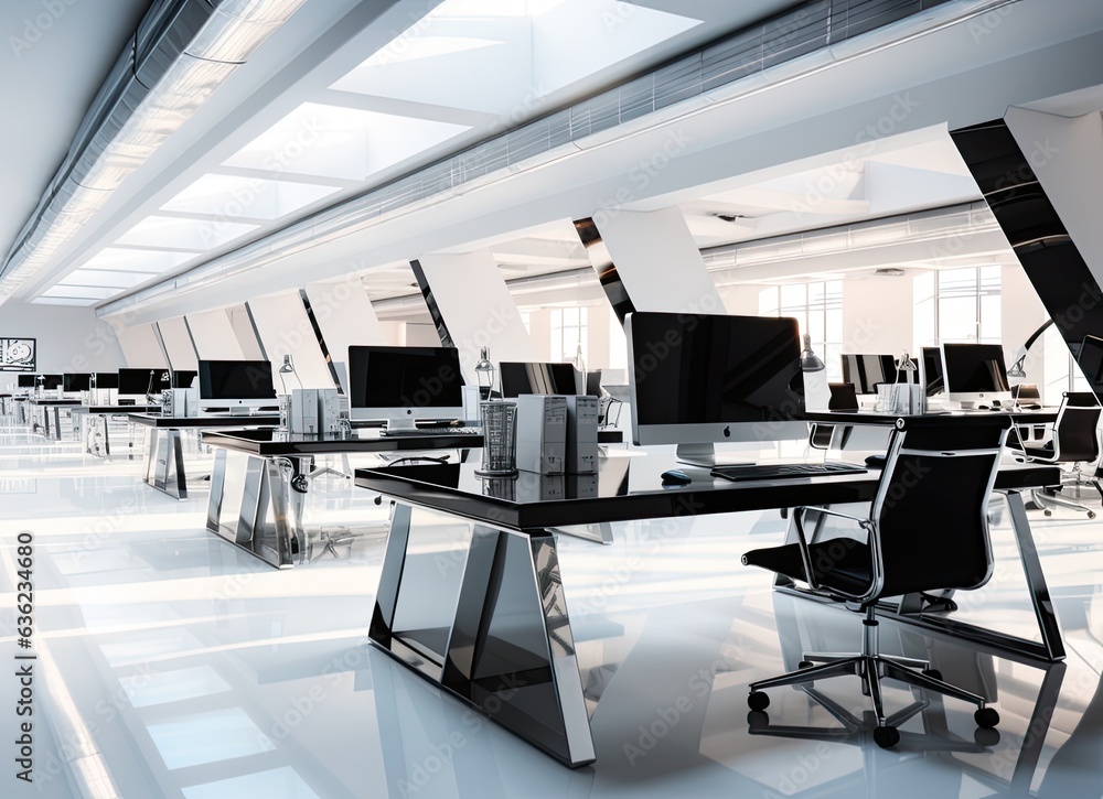 Modern workspace with blackboard calendar, desk, chairs and computers. Created with Generative AI technology. Modern workspace with blackboard calendar, desk, chairs and computers. Created with Generative AI technology.