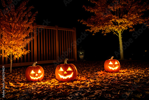 glowing pumpkin lantern lights up spooky halloween night autumn 