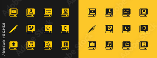 Set User manual, Audio book, Holy of Koran, Jewish torah, Phone, Books about programming, cinema and Chemistry icon. Vector
