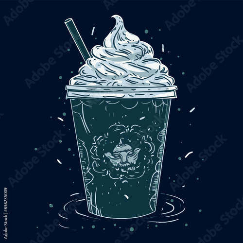 Vector drawing of a cup of iced coffee on a dark blue background