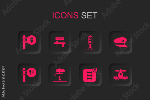 Set Road traffic sign, Waiting hall, Cafe and restaurant location, Online ticket booking, Train driver hat, Handcar transportation, light and icon. Vector