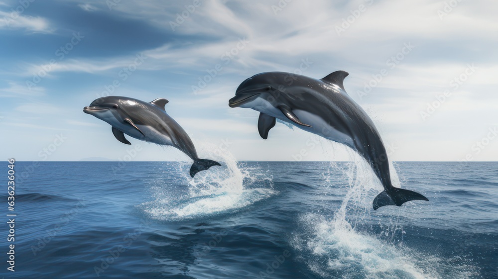 Fototapeta premium Dolphins jumping out of the ocean created with Generative AI