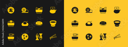 Set Traditional tea ceremony, Sushi, Homemade pie, Served fish plate, Mochi, Wonton, Kung Pao chicken and Xiao long bao icon. Vector