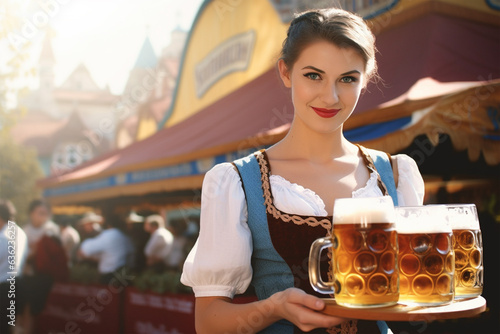 Waitress in traditional Dirndl dress with beer mugs at German Oktoberfest celebration photo