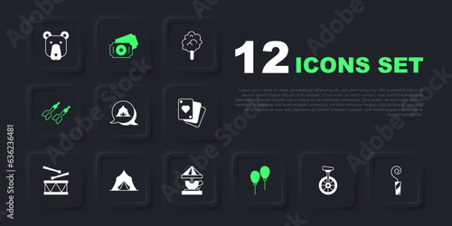 Set Unicycle, Birthday party horn, Circus tent, Balloons with ribbon, Dart arrow, ticket and Attraction carousel icon. Vector