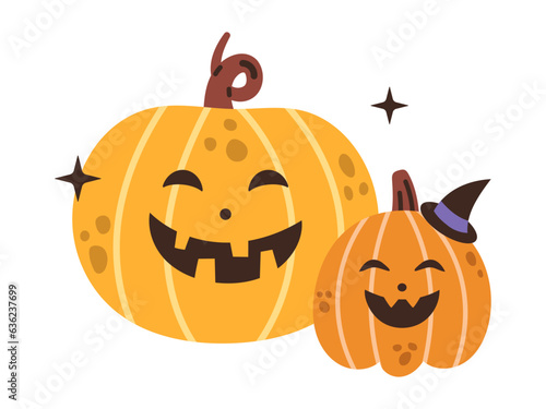 Vector halloween illustration with pumpkins. Trick or treat. Illustration with orange and yellow pumpkins. Jack o lantern. Fall vegetables in flat design. Halloween smiling pumpkins with stars.