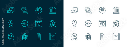 Set line Bank building, Gift box, Advertising, Financial check, Price tag with New, Sale, Delivery hand and Magnifying glass icon. Vector