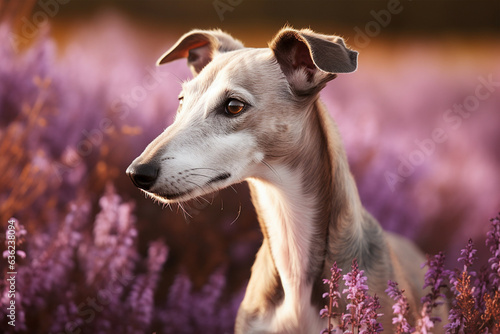 Greyhound dog in purple heather flower field.