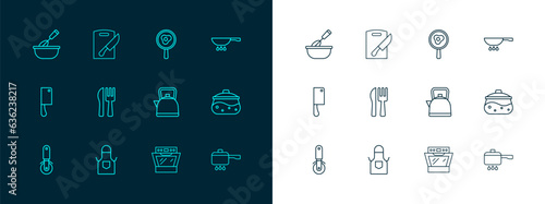 Set line Frying pan on fire, Kitchen apron, Kettle with handle, Oven, Crossed knife fork, Fried eggs frying, Cooking whisk bowl and Cutting board icon. Vector