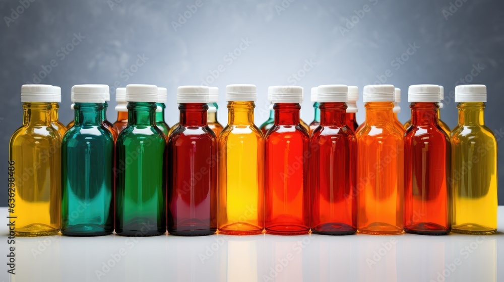 Set of Plastic Bottles with colored transparent drinks created with Generative AI technology Set of Plastic Bottles with colored transparent drinks created with Generative AI technology