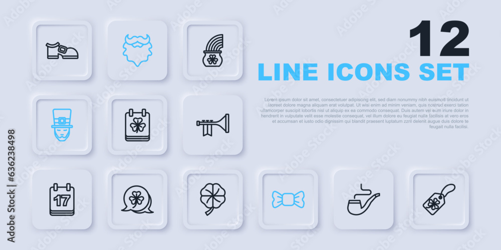 Set line Smoking pipe, Clover trefoil leaf with tag, Saint Patricks day calendar, Bow tie, Leprechaun, Mustache and beard and Four clover icon. Vector Set line Smoking pipe, Clover trefoil leaf with tag, Saint Patricks day calendar, Bow tie, Leprechaun, Mustache and beard and Four clover icon. Vector
