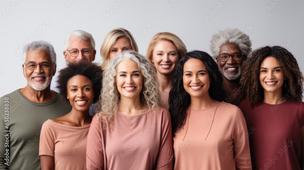 Multiethnic group of smiling senior and mid adult people looking at camera isolated on grey. Multiethnic group of smiling senior and mid adult people looking at camera isolated on grey.