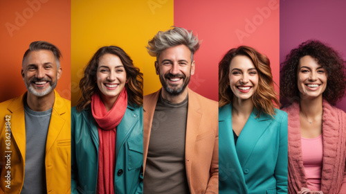 Smiling multicultural friends in autumn clothes looking at camera on multicolored background collage.