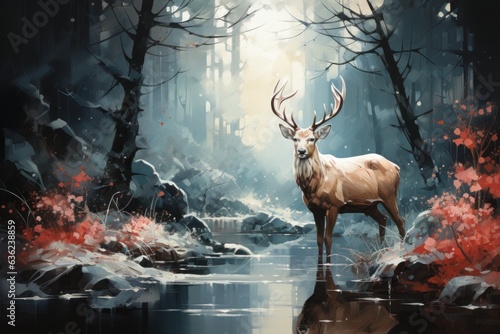 Deer in the forest. Merry christmas and happy new year concept, outdoor recreation in winter holidays. Background