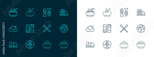 Set line Xiao long bao, Served fish plate, Food chopsticks, Rice in bowl, Guotie, Ramen soup and Asian noodles icon. Vector