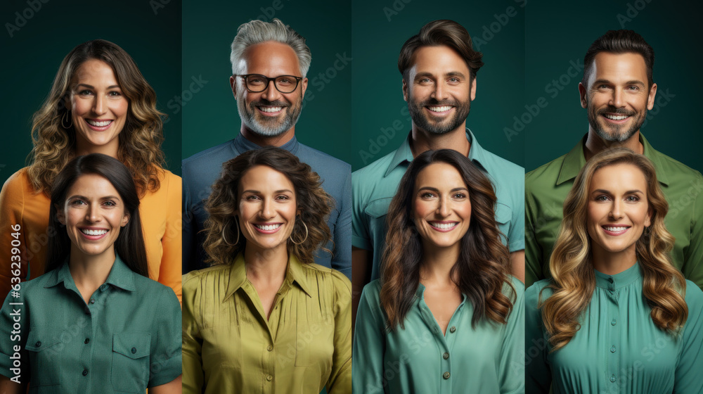 Collage portraits of happy business people smiling and looking at camera over green background. Collage portraits of happy business people smiling and looking at camera over green background.