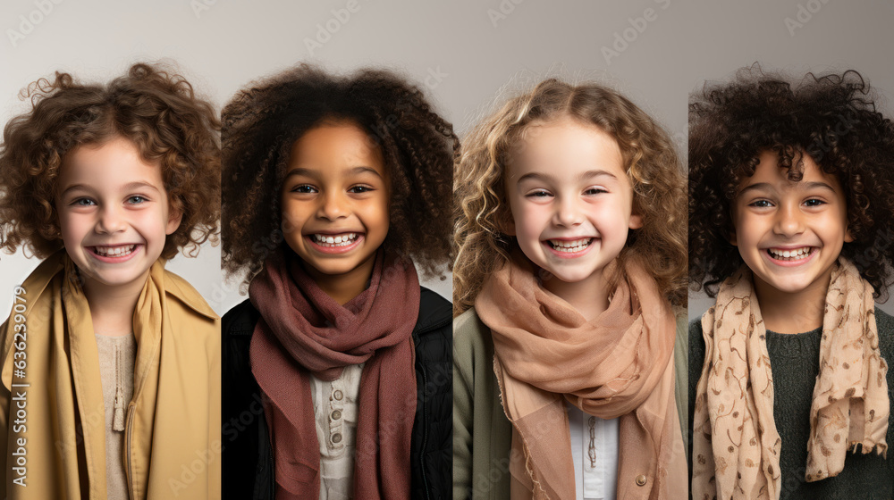 Group of happy multicultural kids in scarves smiling at camera isolated on grey, collage.