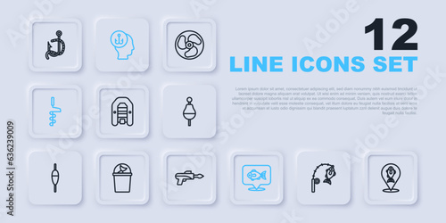 Set line Fishing rod and fish, Location fishing, Inflatable boat with motor, Hand ice drill, bucket, Fisherman and harpoon icon. Vector