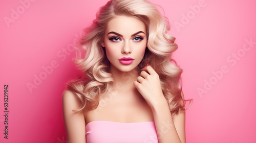 Beautiful fashionable girl with long hair on a pink background