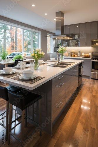 Contemporary open-concept kitchen in gray with minimalist cabinets and corian countertops and wood flooring.
