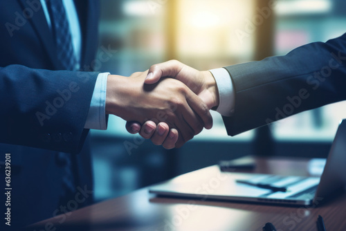 two business people shaking hand after business job interview in meeting room office, partnership, negotiation, investor, success, partner, teamwork, financial, connection concept, Generative AI