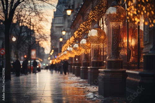 City street decorated for Christmas with selective focus. Merry christmas and happy new year concept.