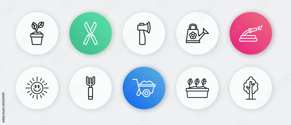 Set line Wheelbarrow, Garden hose, Sun, Plant in pot, Watering can, Wooden axe, Tree and pitchfork icon. Vector Set line Wheelbarrow, Garden hose, Sun, Plant in pot, Watering can, Wooden axe, Tree and pitchfork icon. Vector