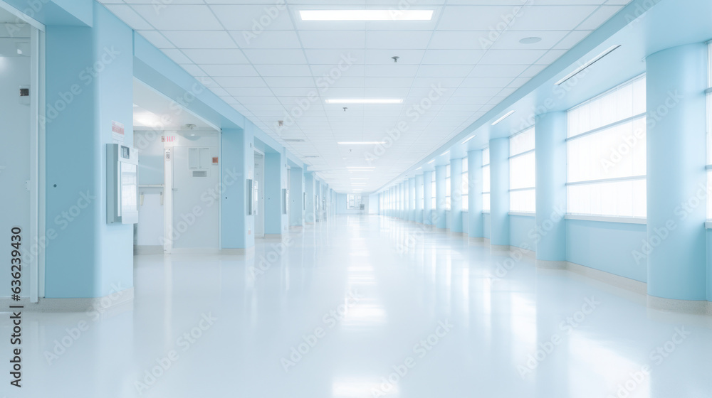 abstract motion blur image of hospital walkway at hospital office building in city downtown for background, business center, medical technology concept, Generative AI