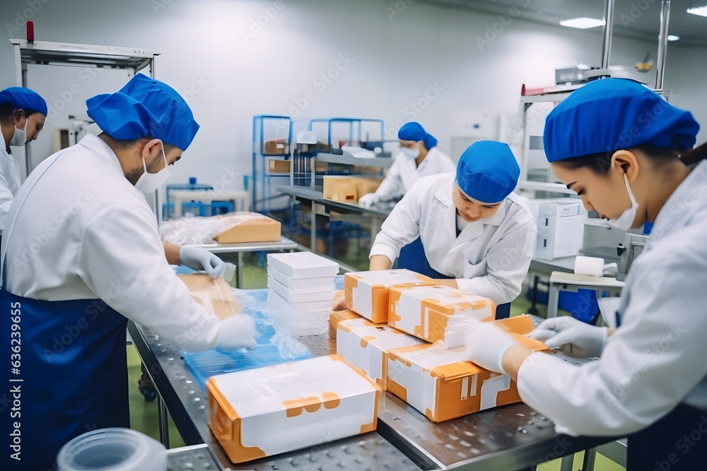 A team of factory workers collaborating on a production project, working together to assemble and package products. Generative AI A team of factory workers collaborating on a production project, working together to assemble and package products. Generative AI