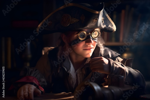 Foto A cute little pirate with an eyepatch, a tricorn hat, and a mischievous grin, ready for an adventure on the high seas