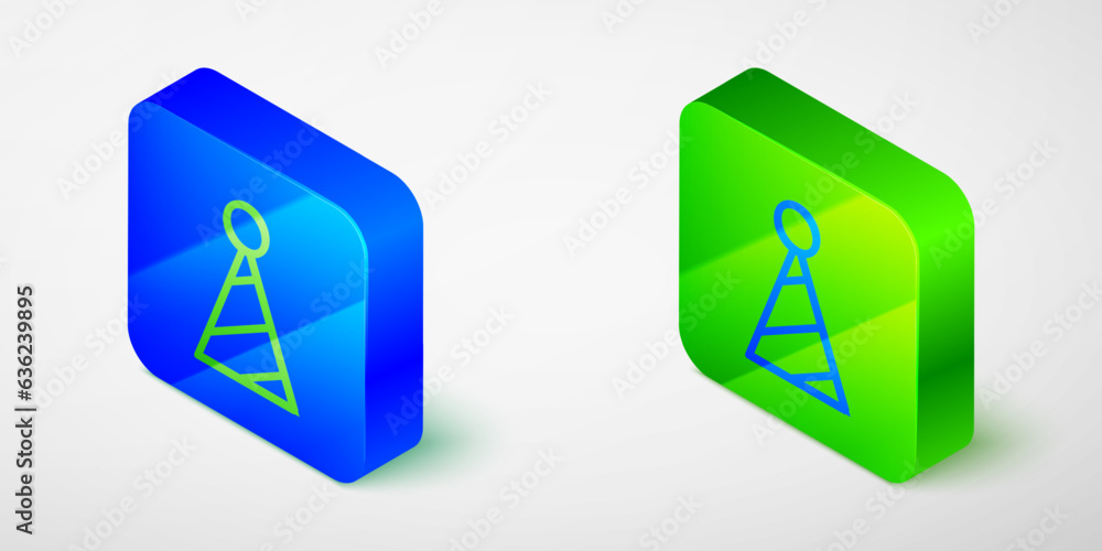 Isometric line Party hat icon isolated on grey background. Birthday hat. Blue and green square button. Vector Isometric line Party hat icon isolated on grey background. Birthday hat. Blue and green square button. Vector