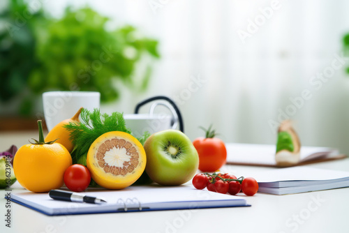fresh vegetable and fruit on desk with document report at office hospital, nutrition, diet plan, nutrition, food science, healthy food concept, Generative AI
