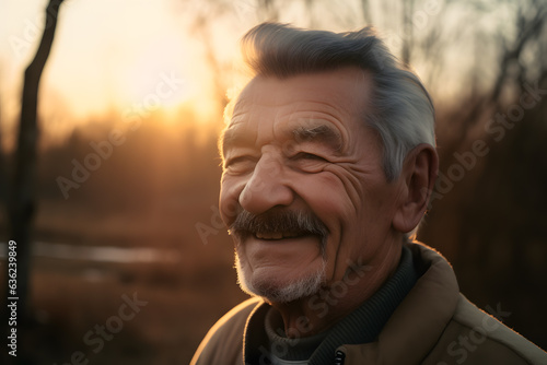 An elderly Caucasian man walking with a gentle smile, his face basking in the warm glow of sunrise, tranquility and contentment. Generative AI