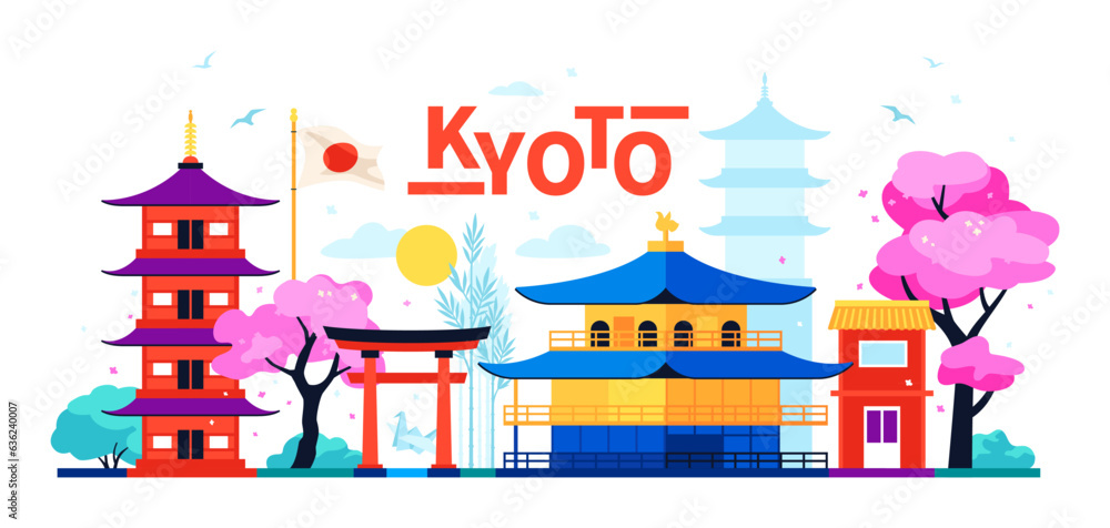 Buildings in Kyoto - modern colored vector illustration