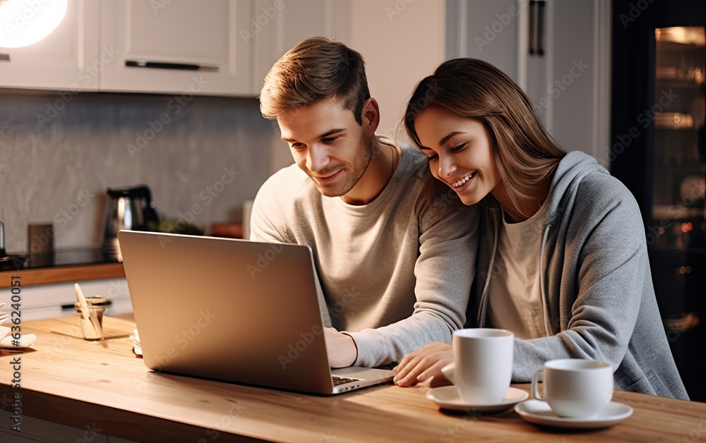 Pleasant family couple sitting looking at laptop screen. Happy young spouse web surfing, making purchases online or booking flight tickets. Created with Generative AI technology. Pleasant family couple sitting looking at laptop screen. Happy young spouse web surfing, making purchases online or booking flight tickets. Created with Generative AI technology.