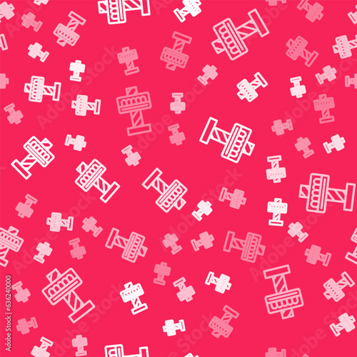 White line Attraction carousel icon isolated seamless pattern on red background. Amusement park. Childrens entertainment playground, recreation park. Vector