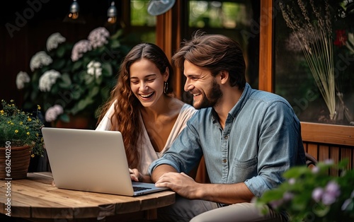 Pleasant family couple sitting looking at laptop screen. Happy young spouse web surfing, making purchases online or booking flight tickets. Created with Generative AI technology. photo