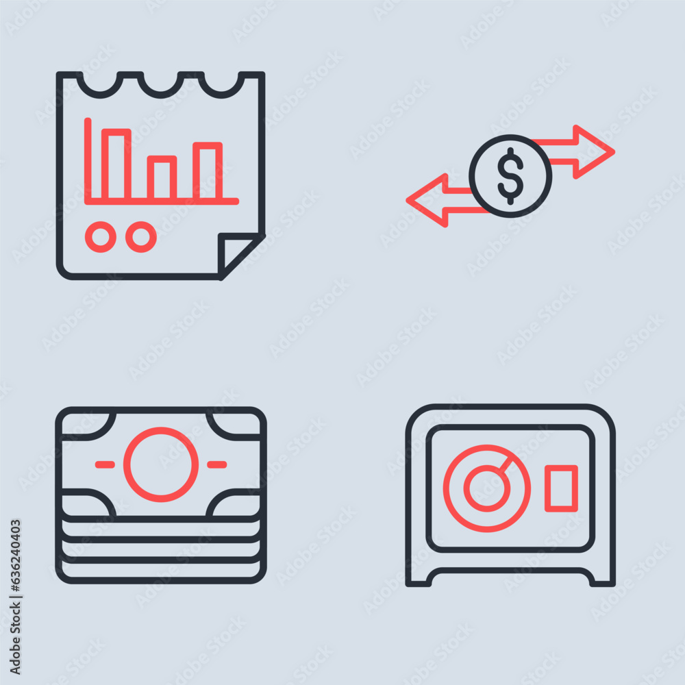 Set line Money exchange, Stacks paper money cash, Safe and Document with graph chart icon. Vector Set line Money exchange, Stacks paper money cash, Safe and Document with graph chart icon. Vector