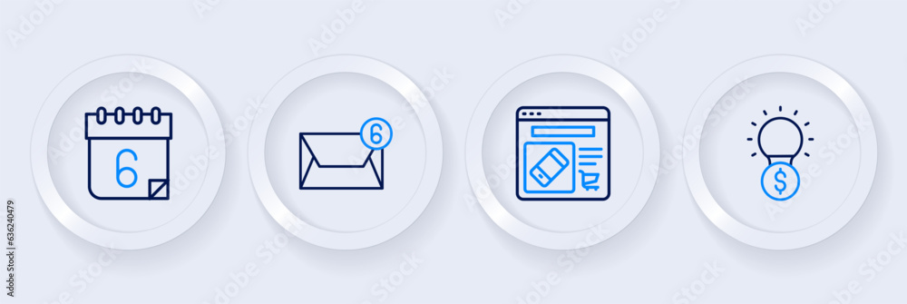 Set line Light bulb with dollar, Online shopping on screen, Mail and e-mail and Calendar icon. Vector Set line Light bulb with dollar, Online shopping on screen, Mail and e-mail and Calendar icon. Vector