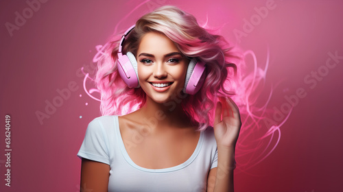 Beautiful young girl with pink hair listening to music on headphone