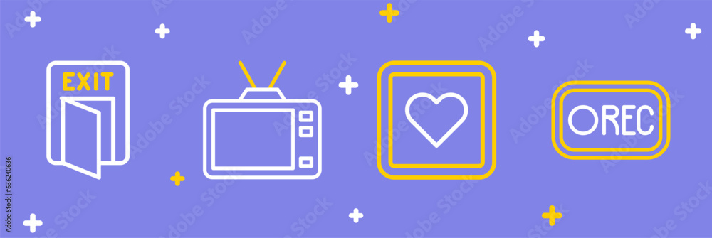 Set line Record button, Like heart, Retro tv and Fire exit icon. Vector Set line Record button, Like heart, Retro tv and Fire exit icon. Vector