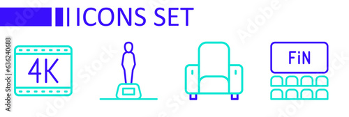 Set line Cinema auditorium with screen, chair, Movie trophy and 4k movie icon. Vector