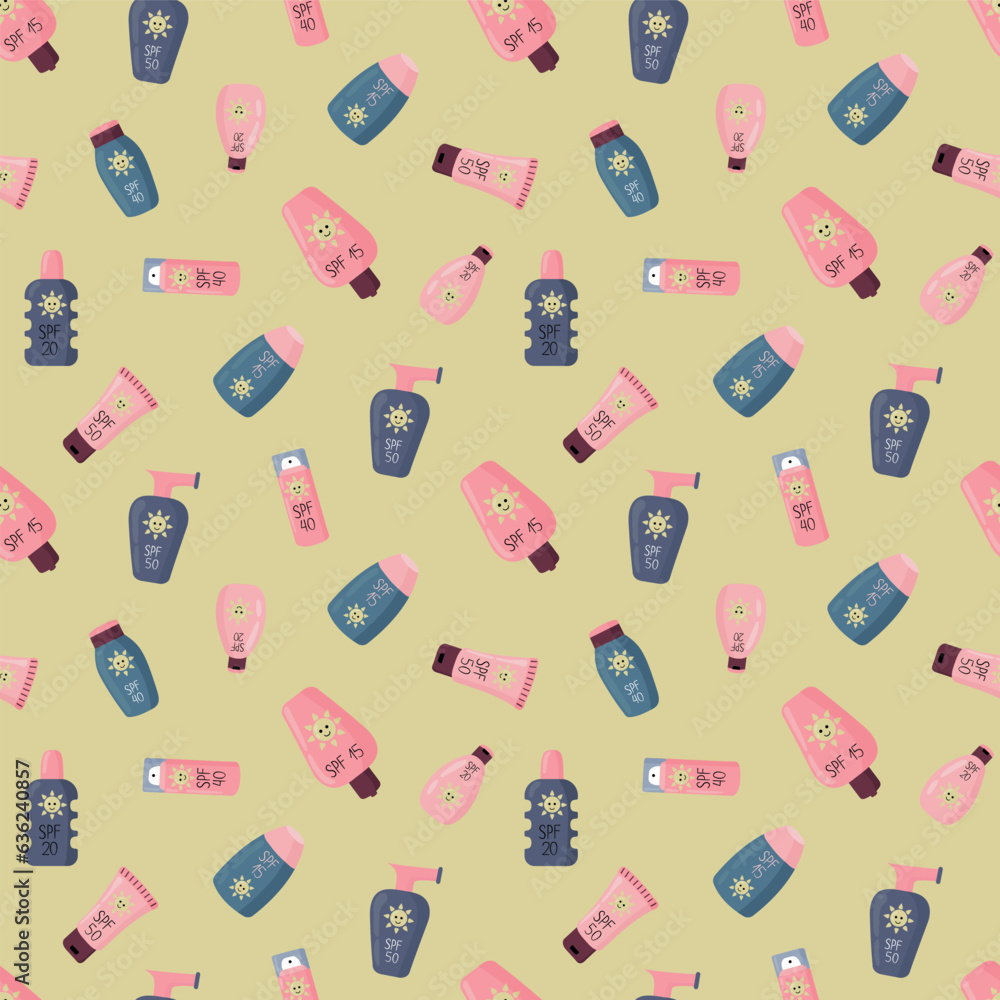 Seamless pattern with Sunscreens. Sunlight safety, sun rays safety.
Seamless pattern with Sunscreens. Sunlight safety, sun rays safety.