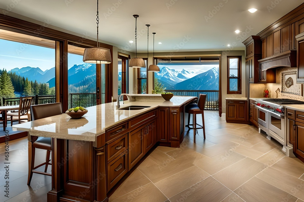 Mountain luxury home with wood kitchen and granite countertop showing American culture. Mountain luxury home with wood kitchen and granite countertop showing American culture.