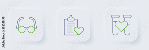 Set line Test tube with blood, Patient record and Glasses icon. Vector