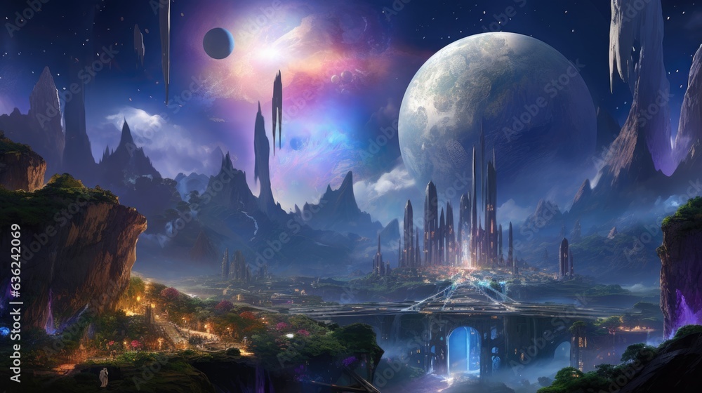 Alien cities, scifi, science fiction, other worlds, alien civilization, cities on other planets, sci-fi, surreal buildings, intergalactic. Fantasy world. AI Game's Digital, Realistic Background..