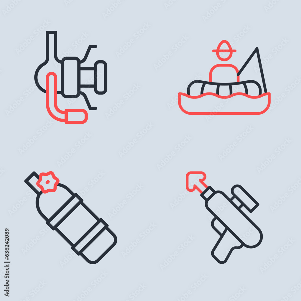 Obraz premium Set line Fisherman in boat, Aqualung, Fishing harpoon and Spinning reel for fishing icon. Vector