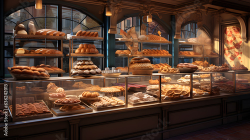 Dive into the sensory journey of food with this mesmerizing image. A bakery's display case showcases an array of freshly baked bread, pastries, and sweets.