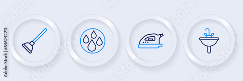 Set line Washbasin, Electric iron, Water drop and Rubber plunger icon. Vector